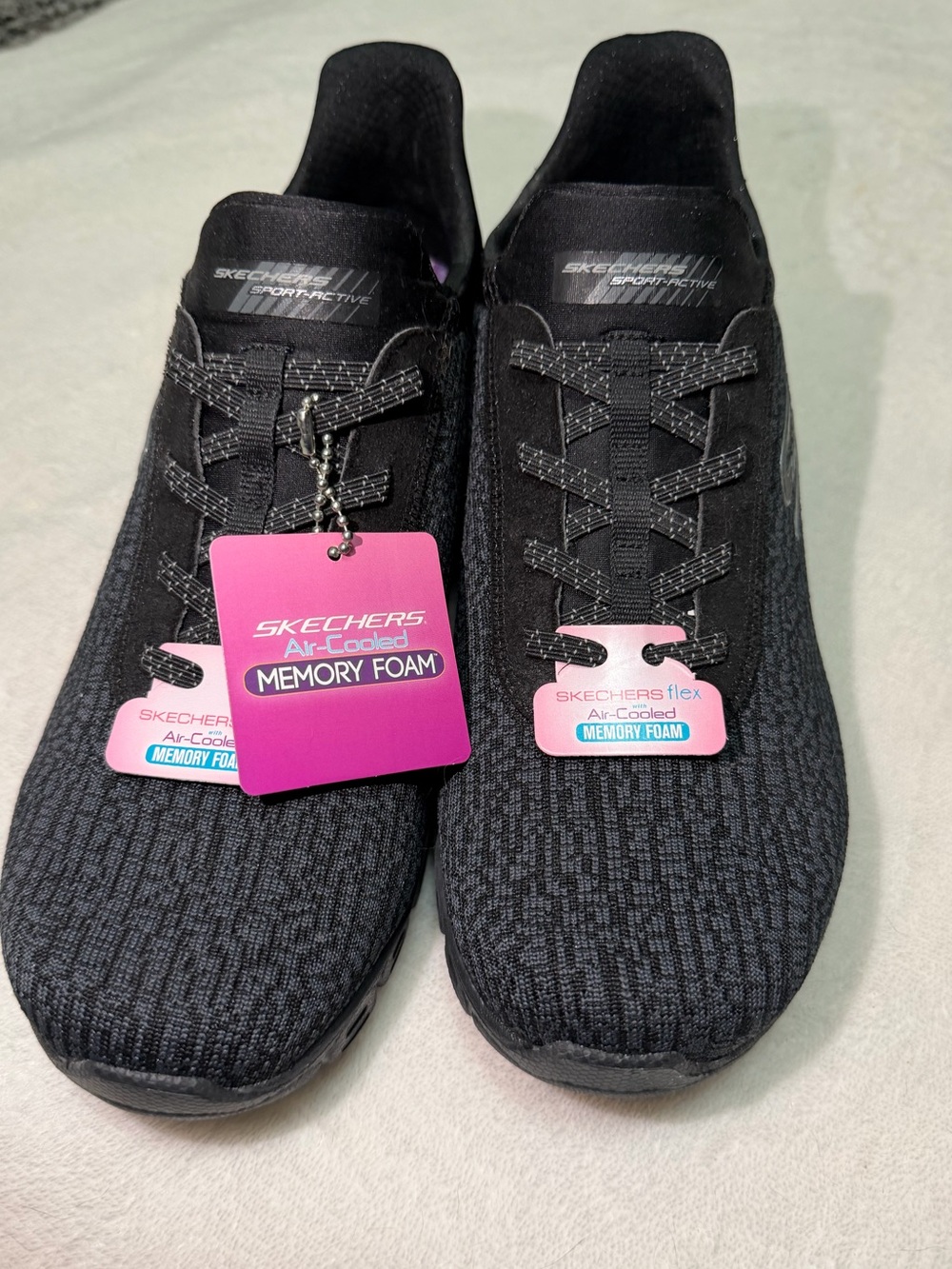 Skechers Black Knit Slip-On Memory Foam Sneakers with Pink Tags